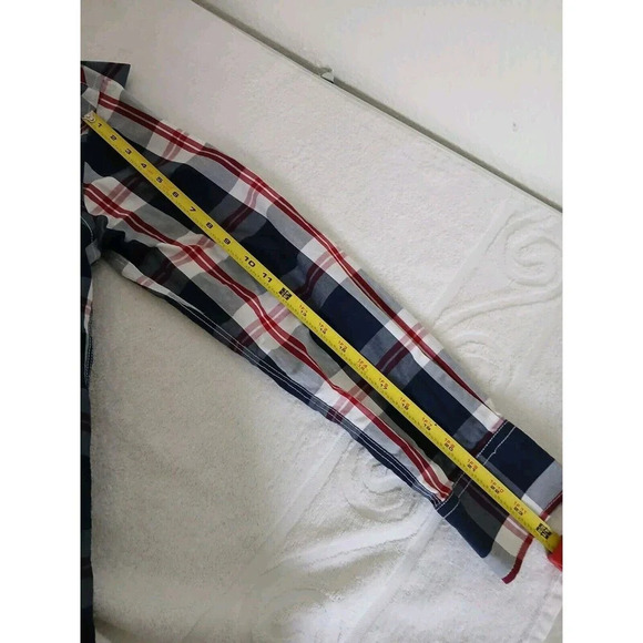 Coastal Shirt Men's Medium Blue Red Plaid Western Cowboy Tab Roll Sleeves Snap - Picture 15 of 16